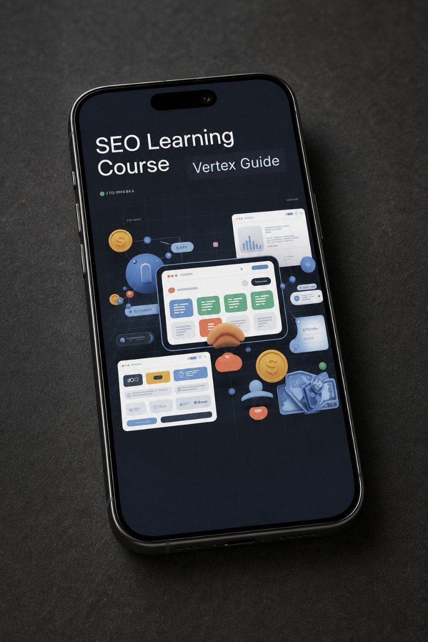 A black smartphone lying on a dark textured surface, displaying a course interface titled 'SEO Learning Course' and 'Vertex Guide' with illustrated dashboard panels.