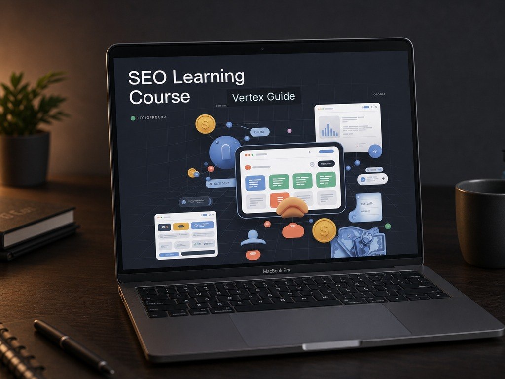A laptop on a dark wooden desk displaying an 'SEO Learning Course' digital guide. The scene is styled with a small potted plant, a notebook, a pen, and a mug in a dimly lit room.